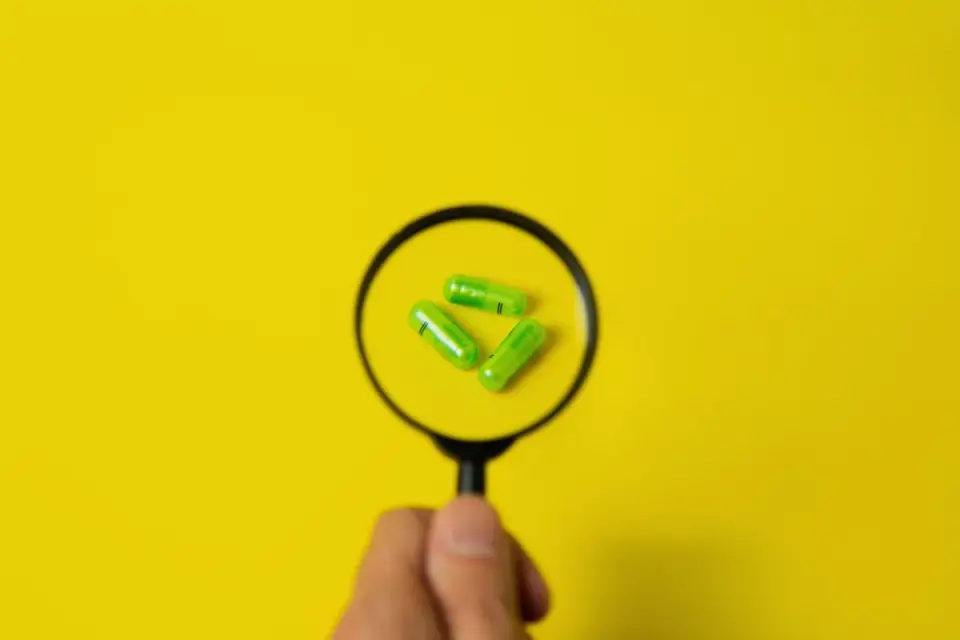 A close-up of a hand reading the supplement facts panel on a pet product label