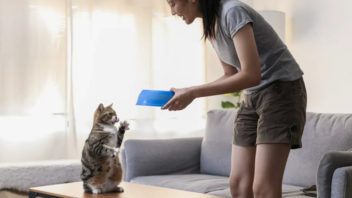 A dog eating from a bowl on a kitchen floor while an owner stands a few feet away