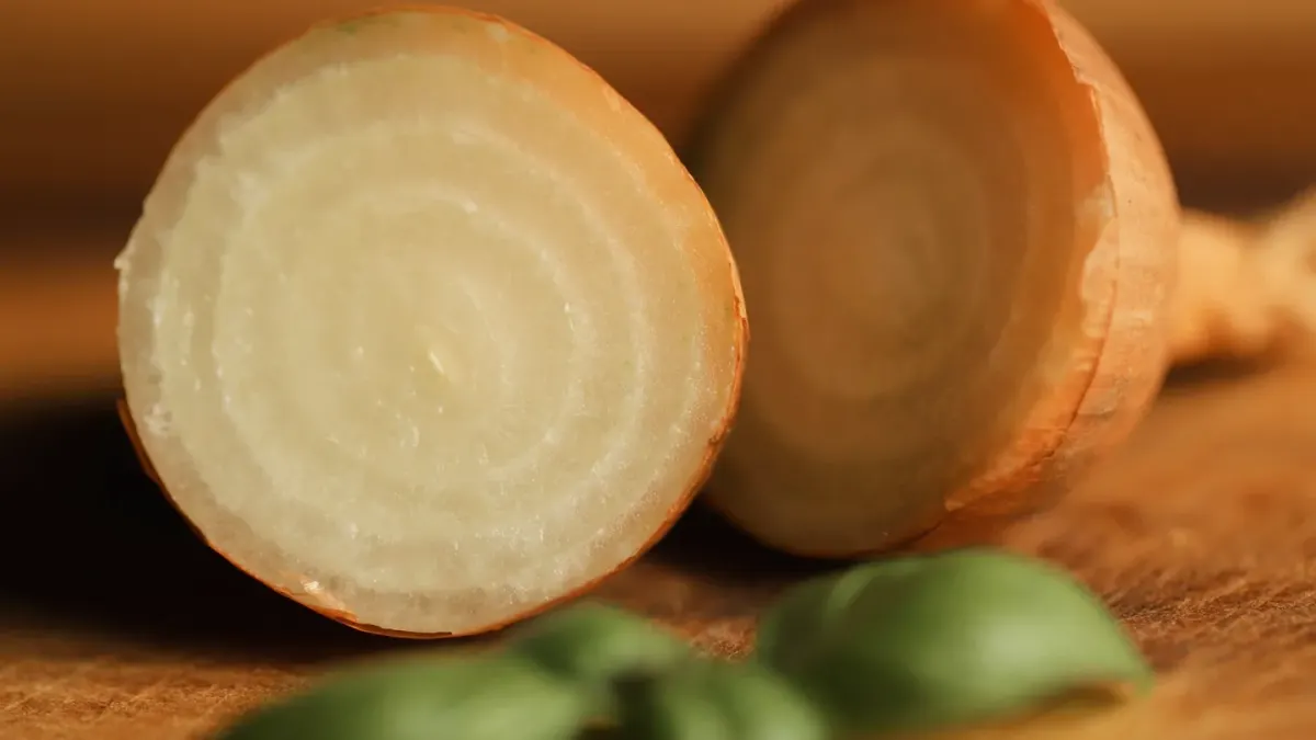 A dog standing near a cutting board with sliced onion, looking up at the counter
