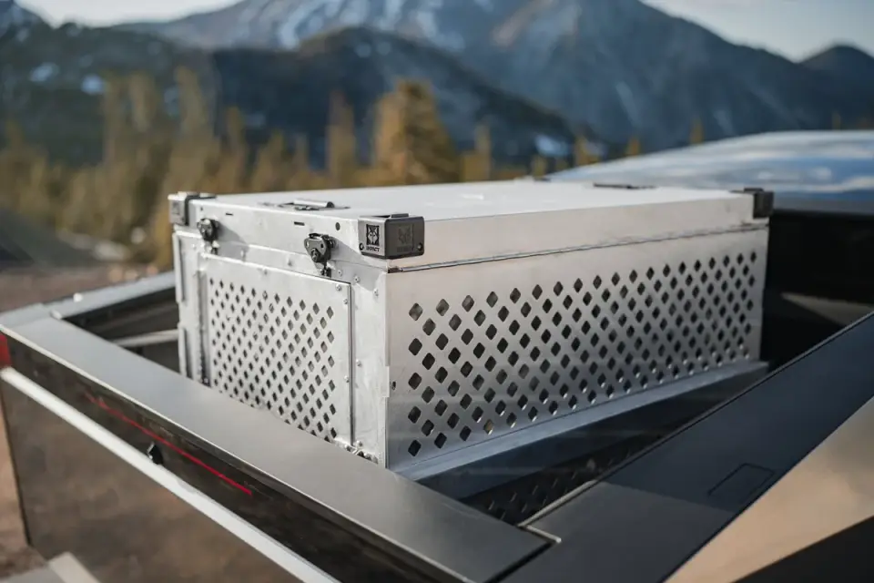 A hard-sided dog crate strapped down in a vehicle's cargo area