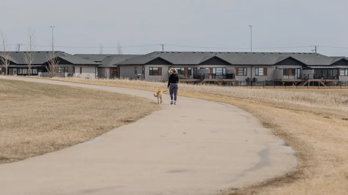 A leashed dog walking calmly along a quiet, empty sidewalk
