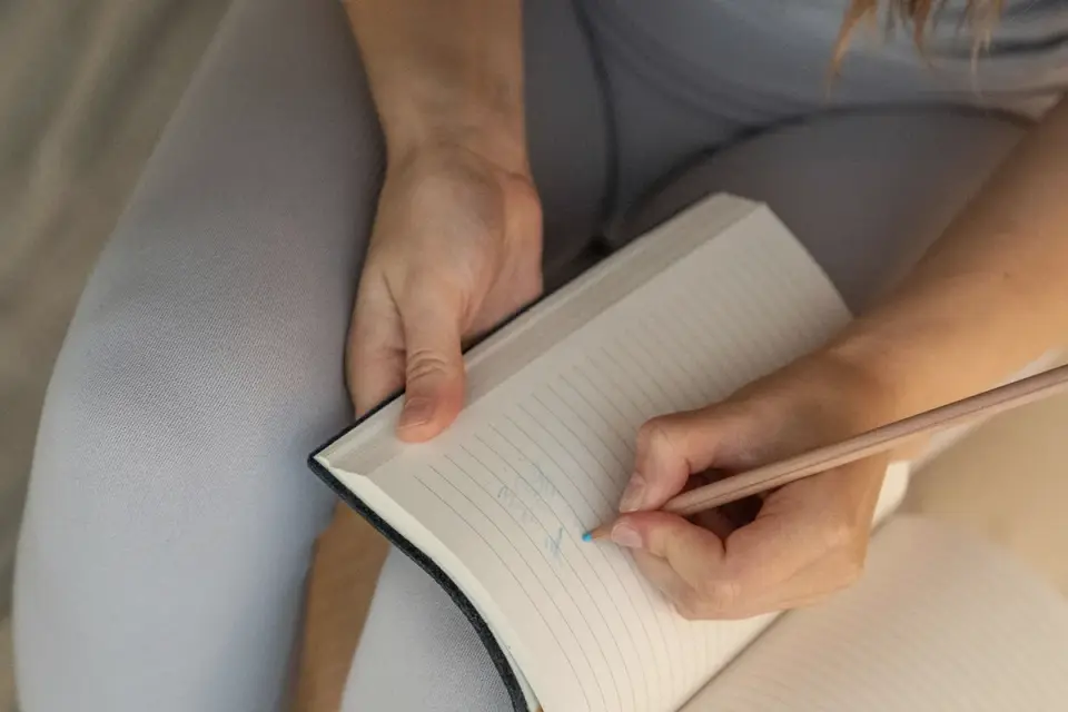 A person writing observations in a notebook with a dog resting nearby