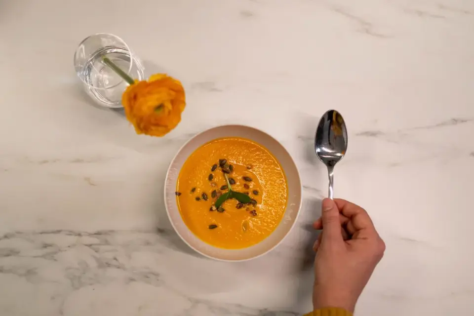 A spoon adding canned pumpkin puree into a bowl of dog kibble