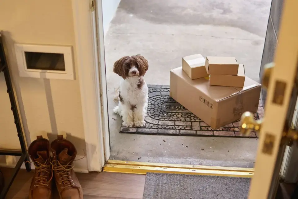 A supplement bottle and a delivery box on a front doorstep