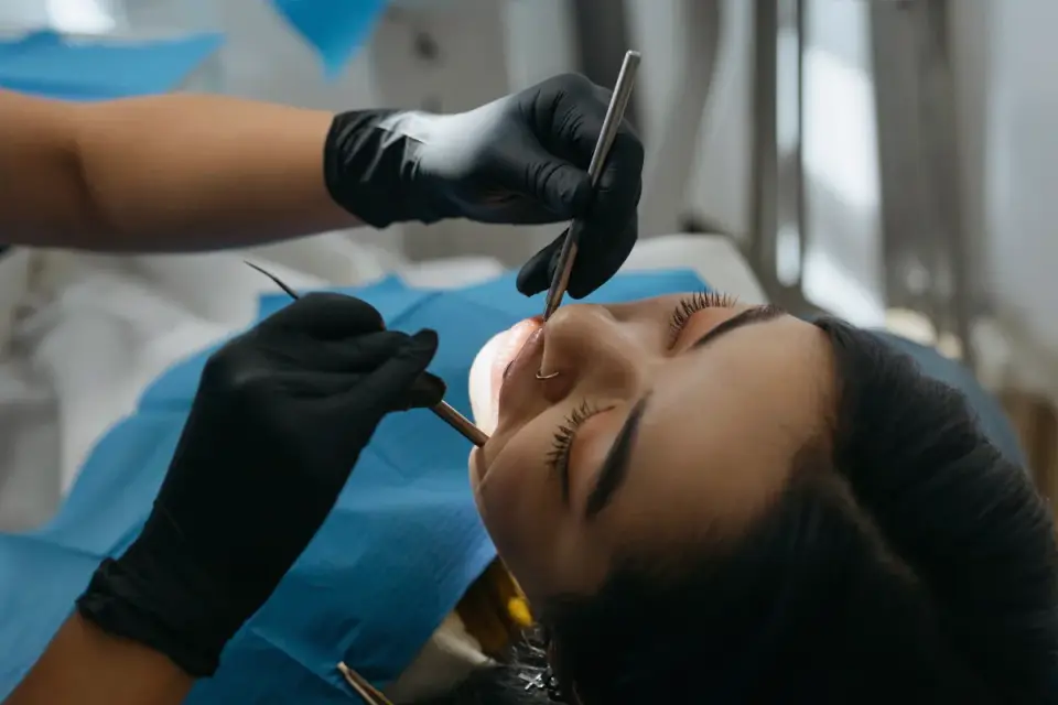 A veterinarian checking a puppy&#x27;s teeth and gums during an exam