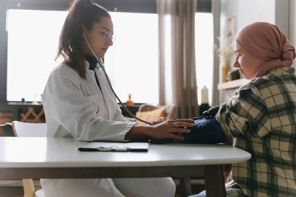 A veterinarian gently examining a senior dog on an exam table