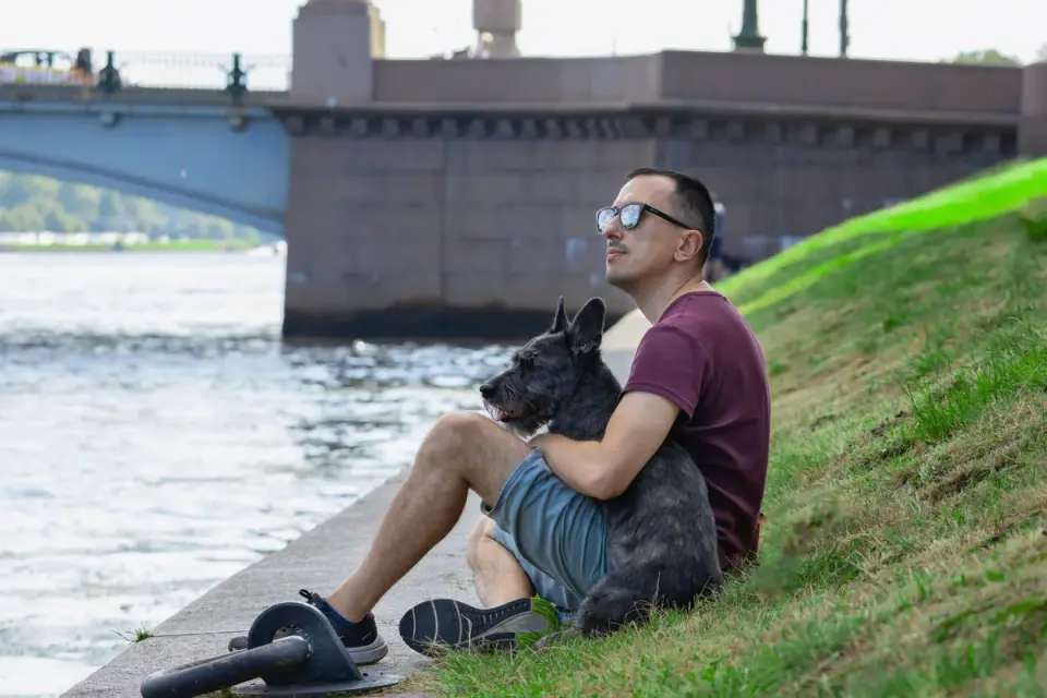 An owner reviewing a walking route on a phone before heading outside with a dog
