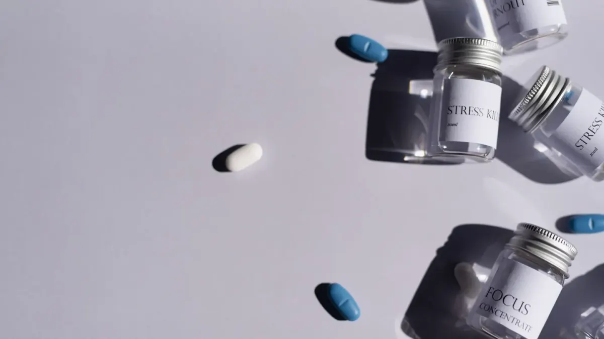 Close-up of a dog supplement bottle with a printed ingredient list