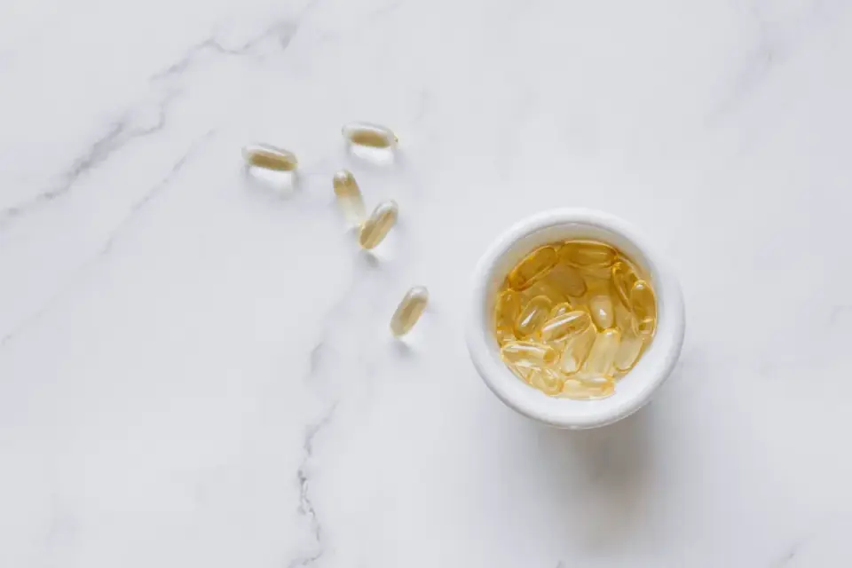 Collagen supplement powder next to a dog&#x27;s food bowl