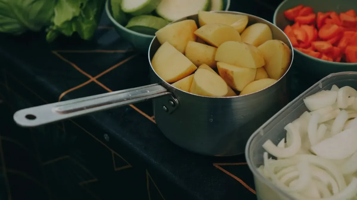 Diced cooked sweet potato in a stainless steel dog bowl