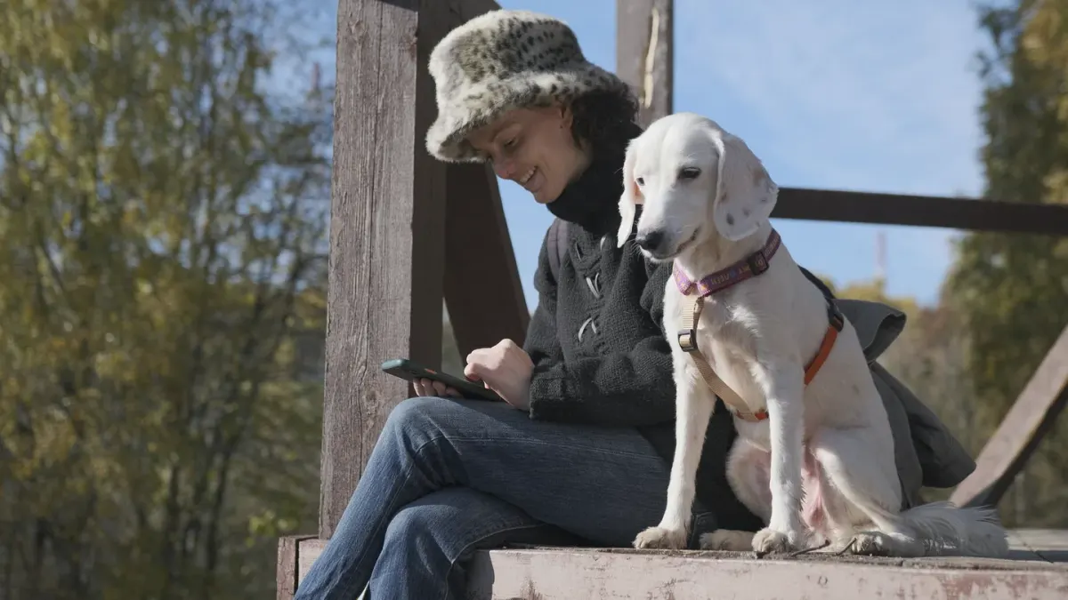 Dog sitting beside an owner