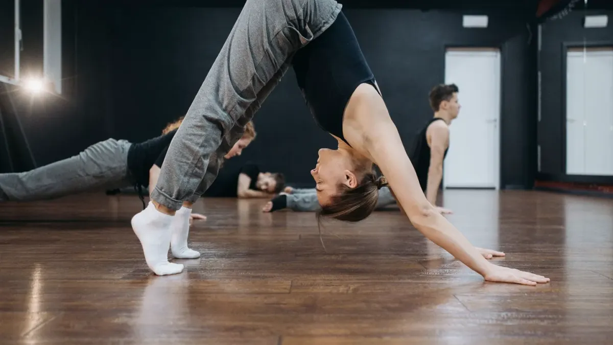 Dog stretching indoors