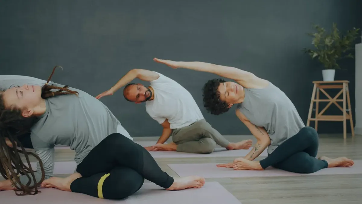 Dog stretching indoors