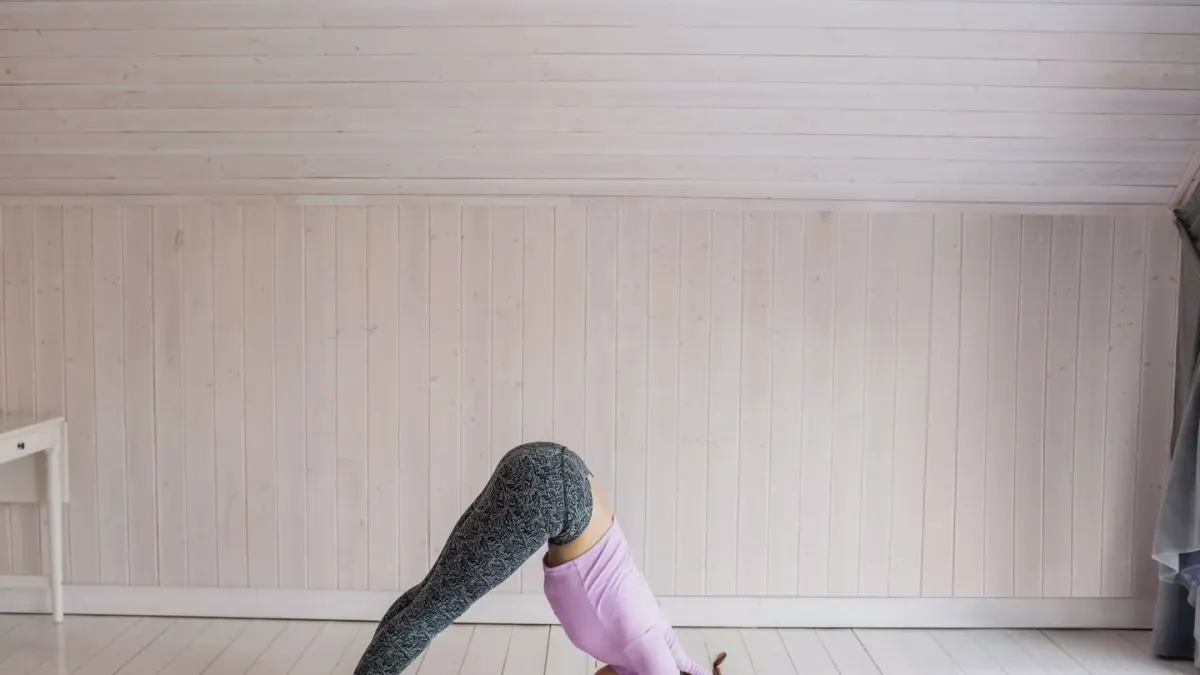 Dog stretching indoors