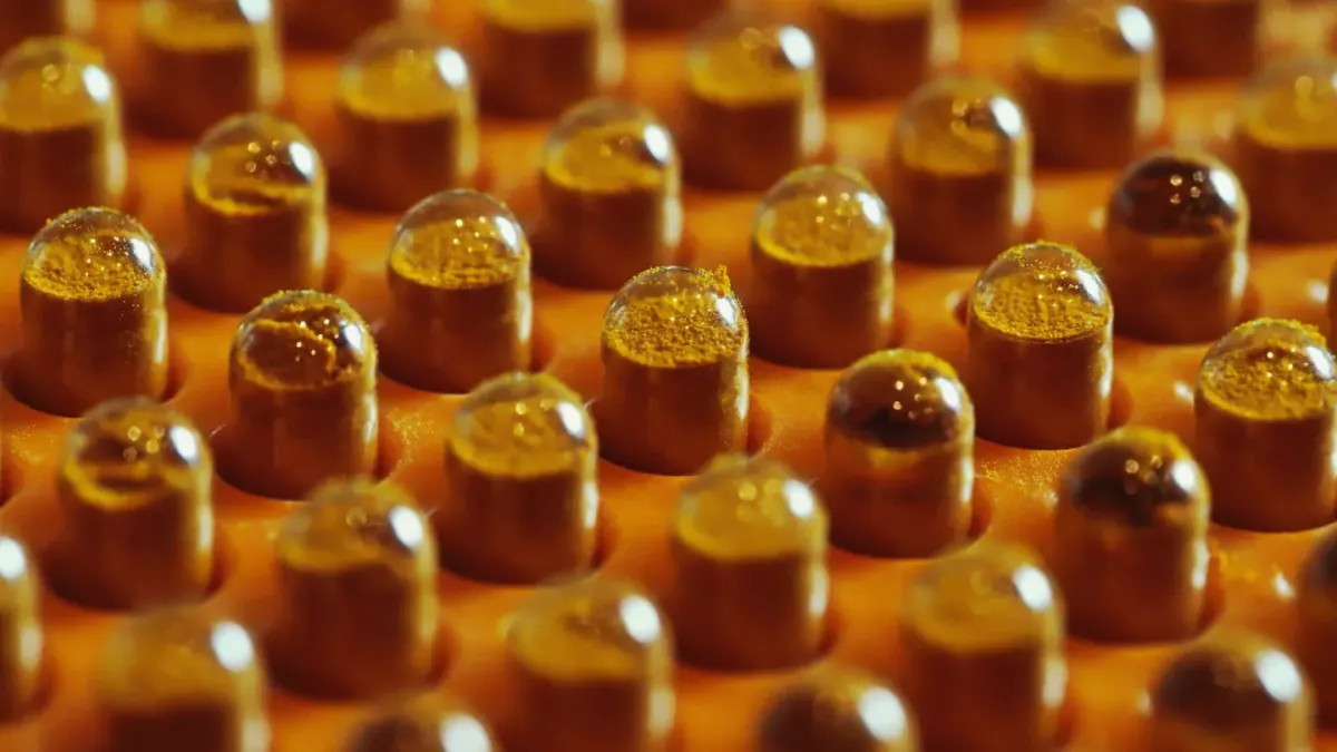 Dog supplement powder being scooped from a production container next to capsule bottles