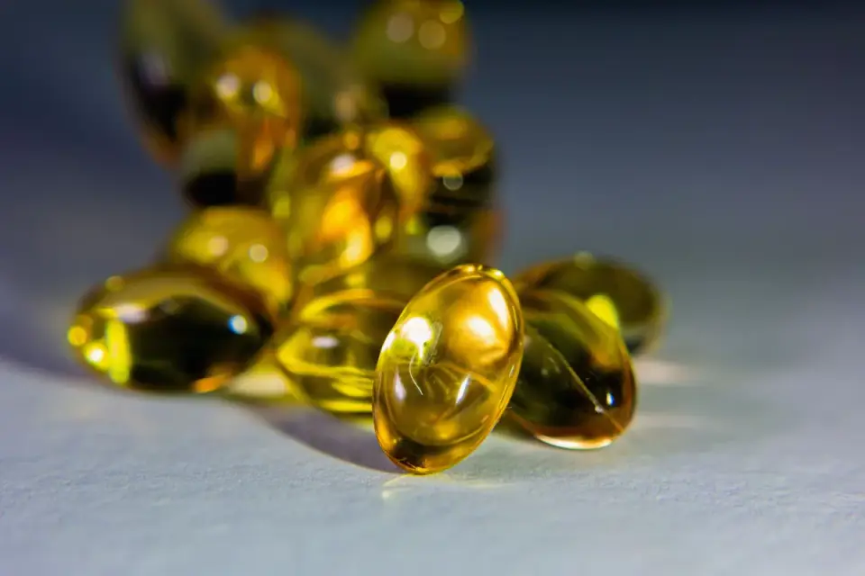 Fish oil softgel capsules placed beside a bowl of dry dog food