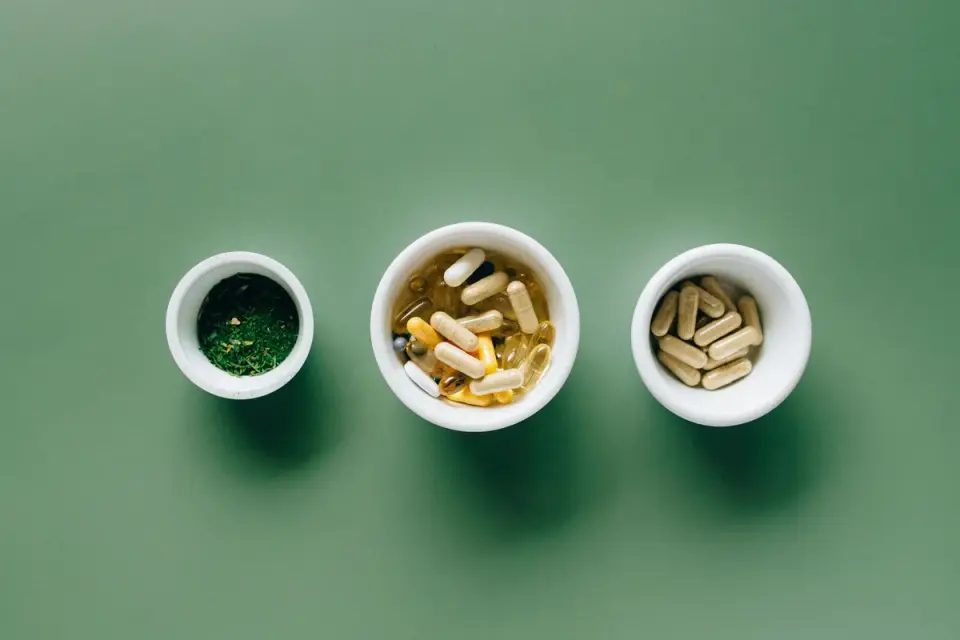 Senior dog eating kibble topped with a scoop of supplement powder