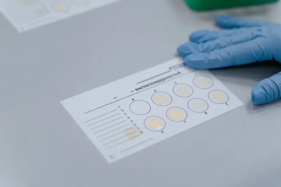 Veterinarian reviewing a printed lab panel with a dog owner in an exam room